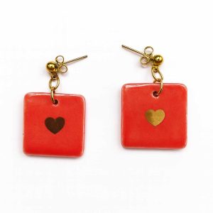Home handmade ceramic earrings with gold heart